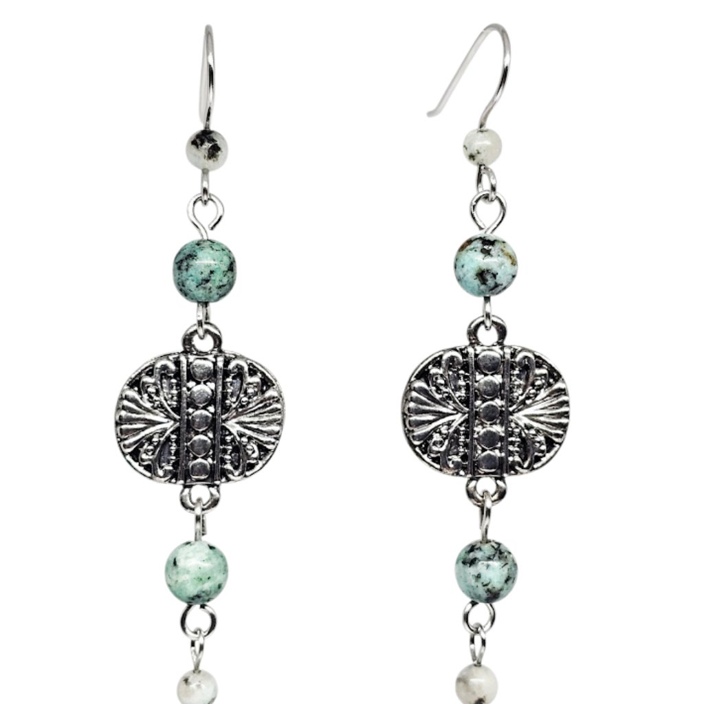 Handmade African Turquoise Gemstone Beaded Silver Pendant Boho Dangle Earrings